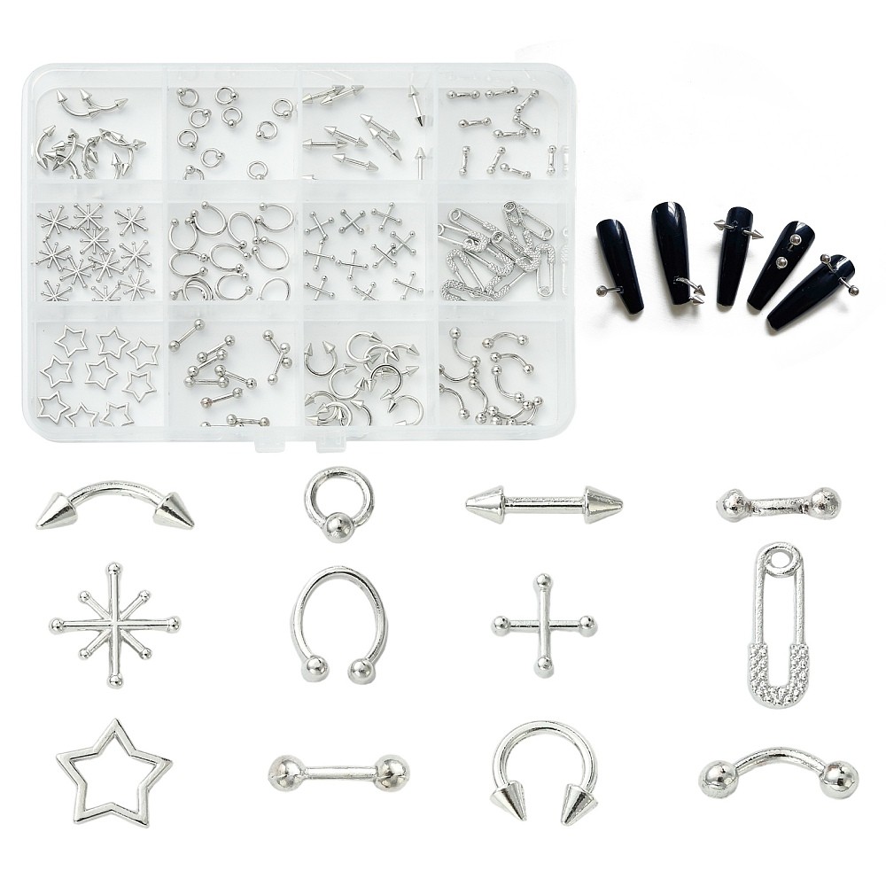 120pcs Belly Bars Nose Rings Cartilage Studs Cabochons for Manicures Nail Decor