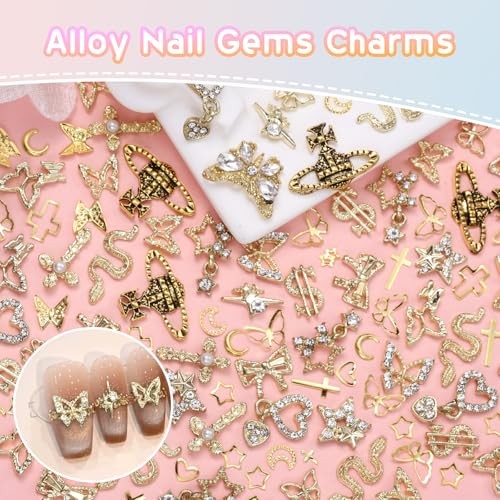 320 Pcs 3D Gold Nail Charms, Cross Snake Star Heart Dangle Nail Gems color-S1
