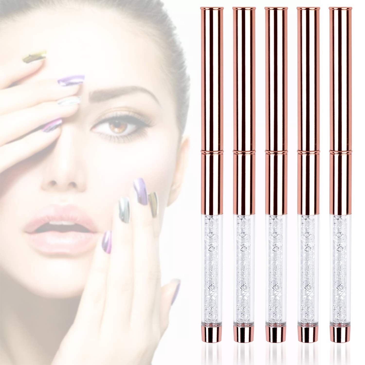 5pc Nail Art Brush Set – Rose Gold Rhinestone Handles, Gel Polish & Liner Brushe