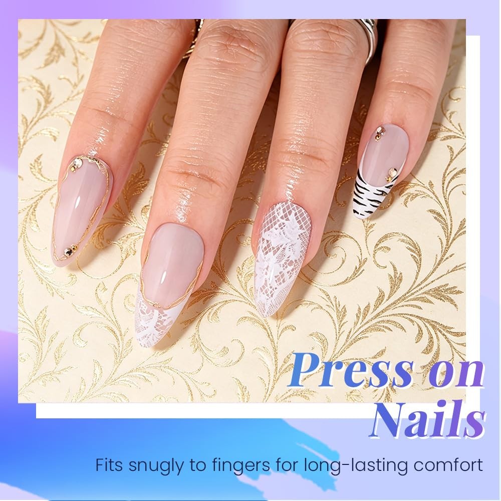 evpct Pale Nude French Almond Short Press on Nails with White Pattern Design,…