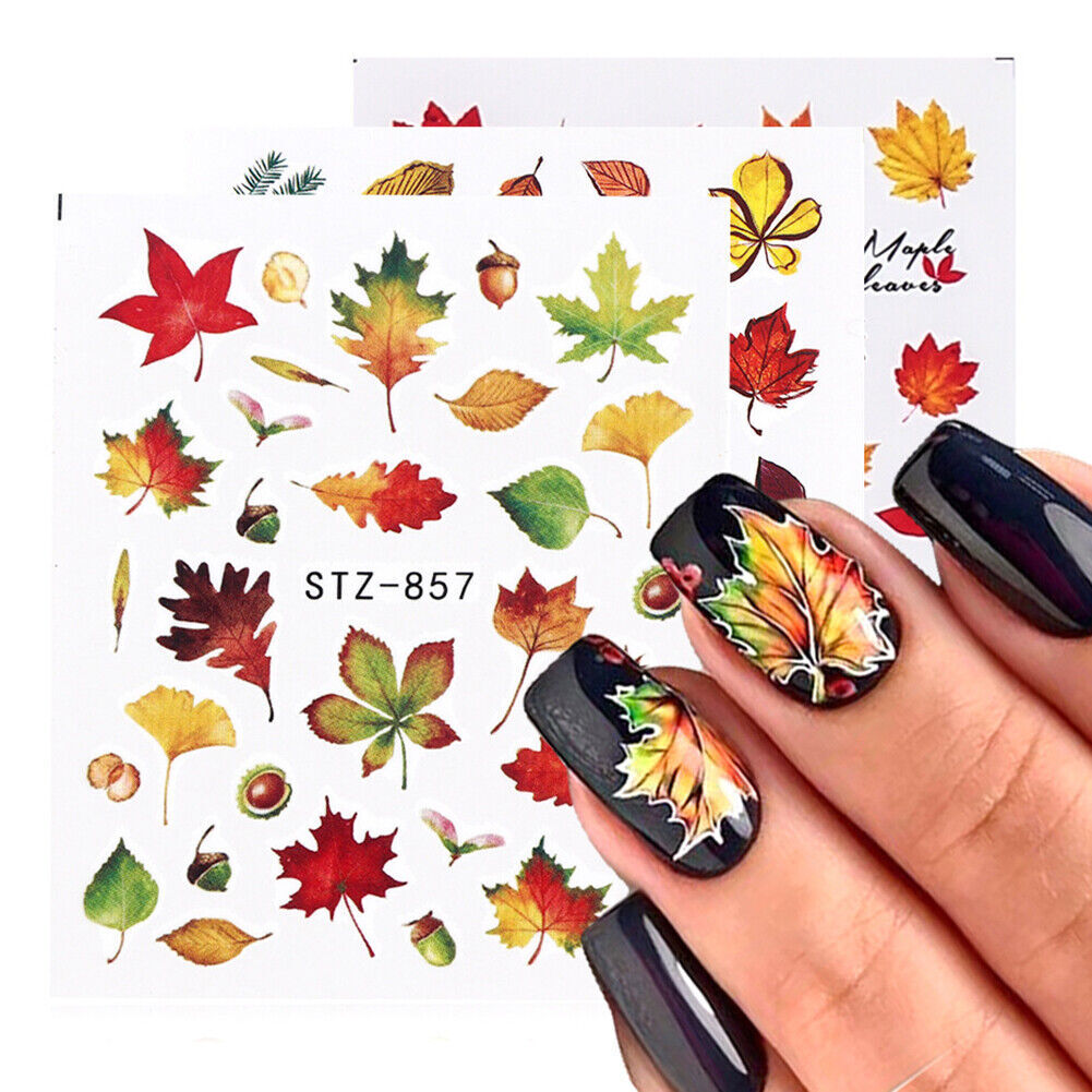 Nail Art Water Decals Stickers Transfers Autumn Winter Green Maple Oak Leaf NH15