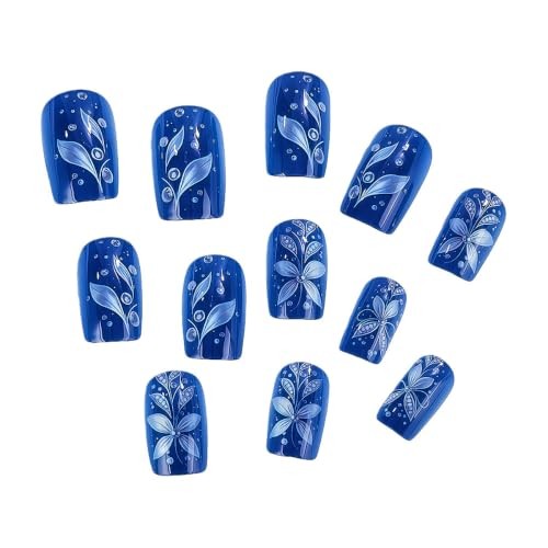 Royal Blue Square Press On Nails – Silver Metallic Floral Fake – Silver Metallic