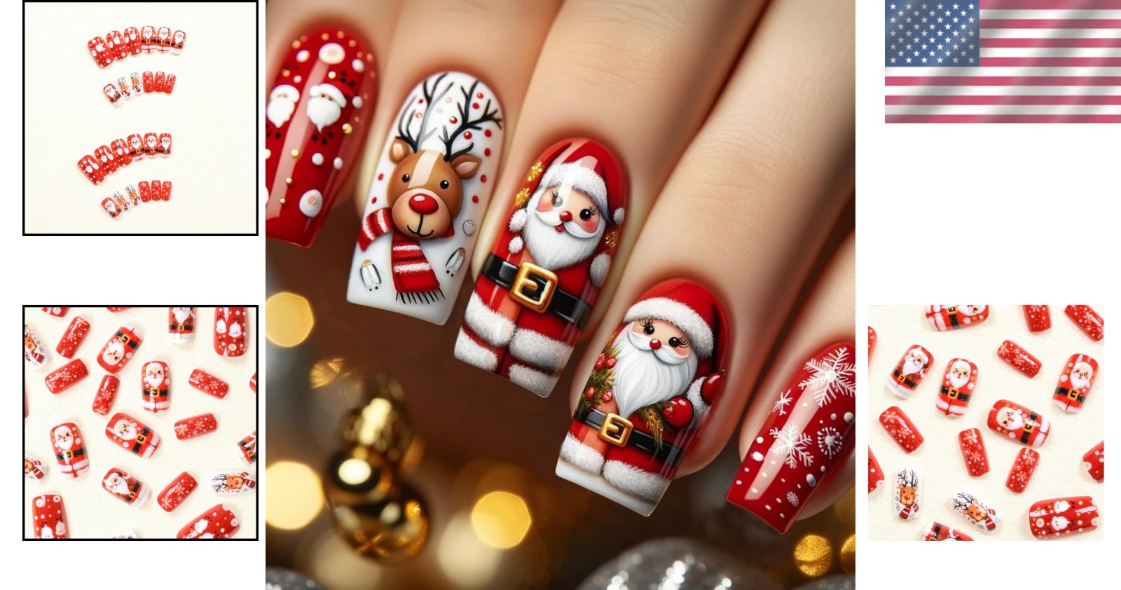 Festive Christmas Red Glossy Press-On Nails with Santa & Snowflake Designs