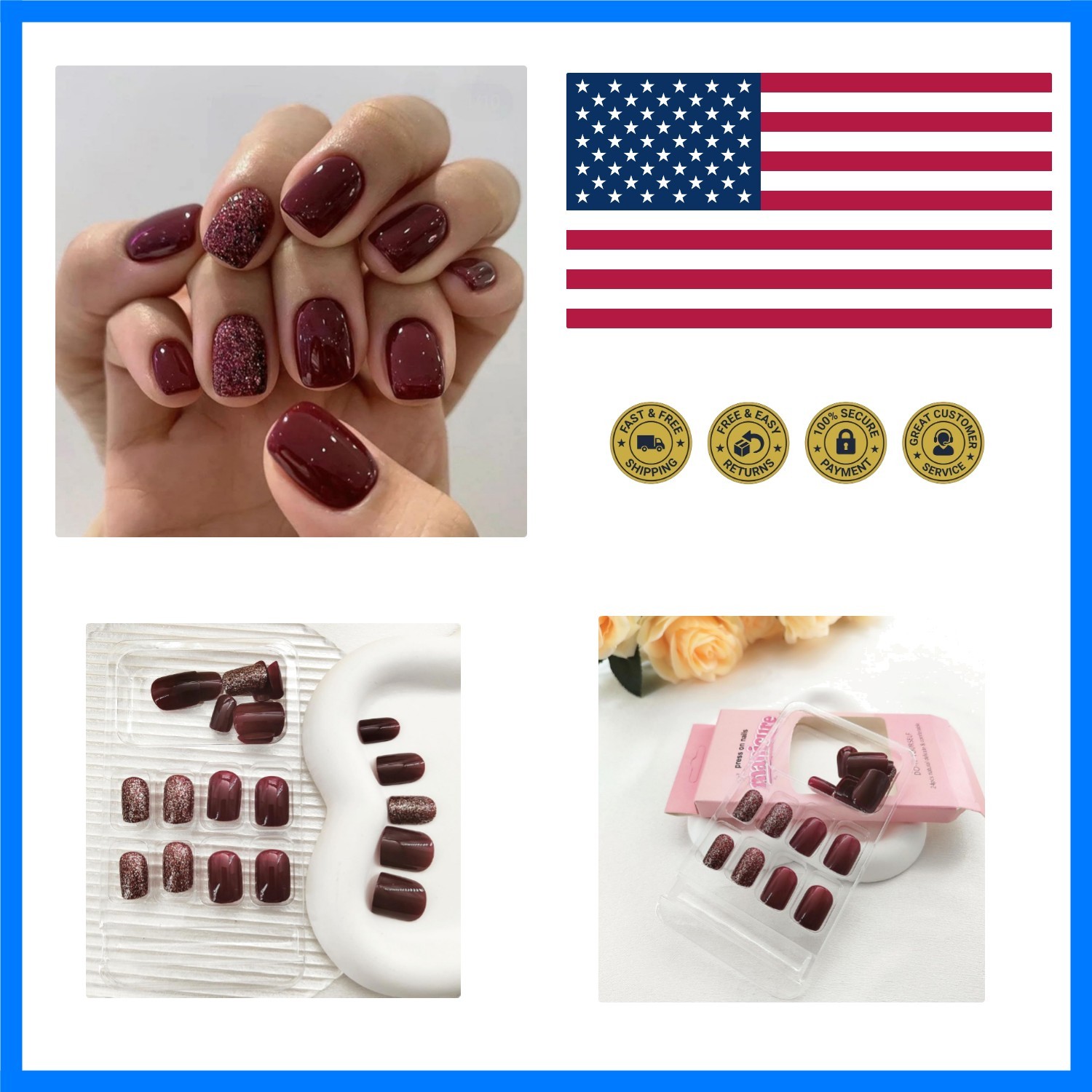 Press on Nails Short Burgundy Acrylic Nails Press ons Glossy Square Fake Nail…