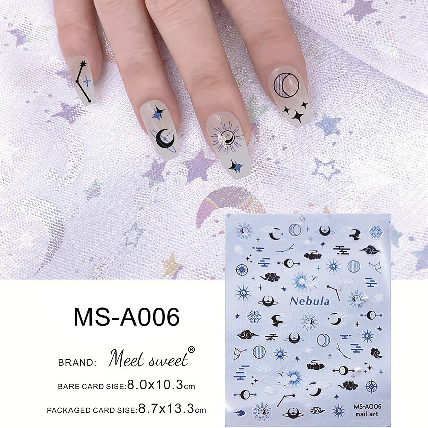 Blue Galaxy Moon Sun Stars Nail Stickers Totem Hears Abstract Figures Lines