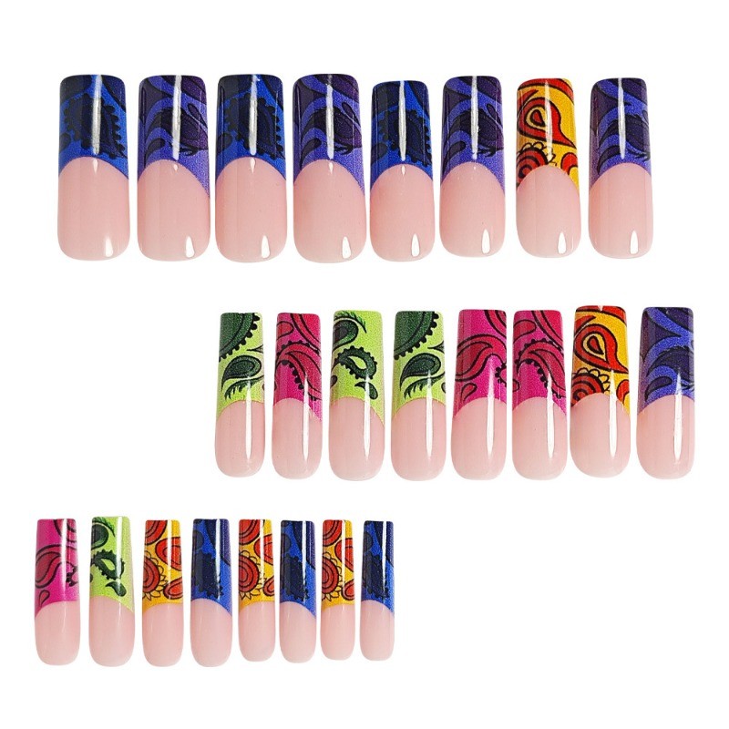 48pcs-Colorful Paisley Press on Nail, Long Coffin French Tip Acrylic False Nails