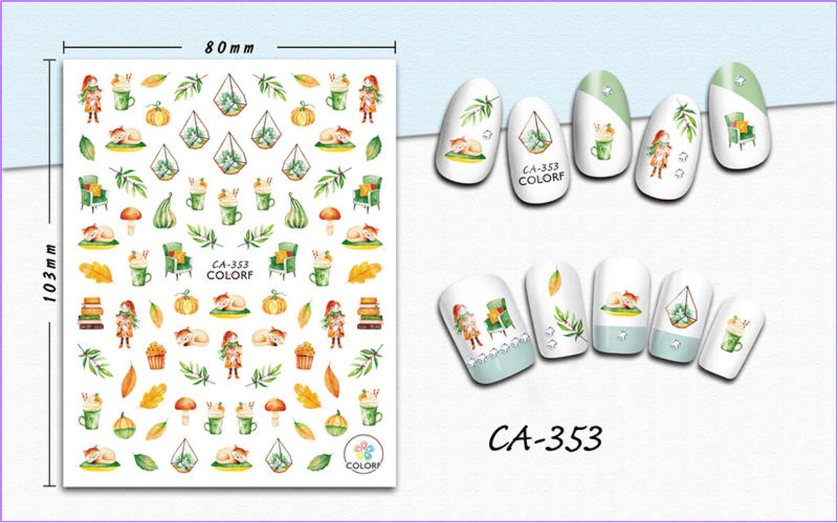 Nail art 3D stickers decal green orange leaves mushrooms autumn books fox CA353