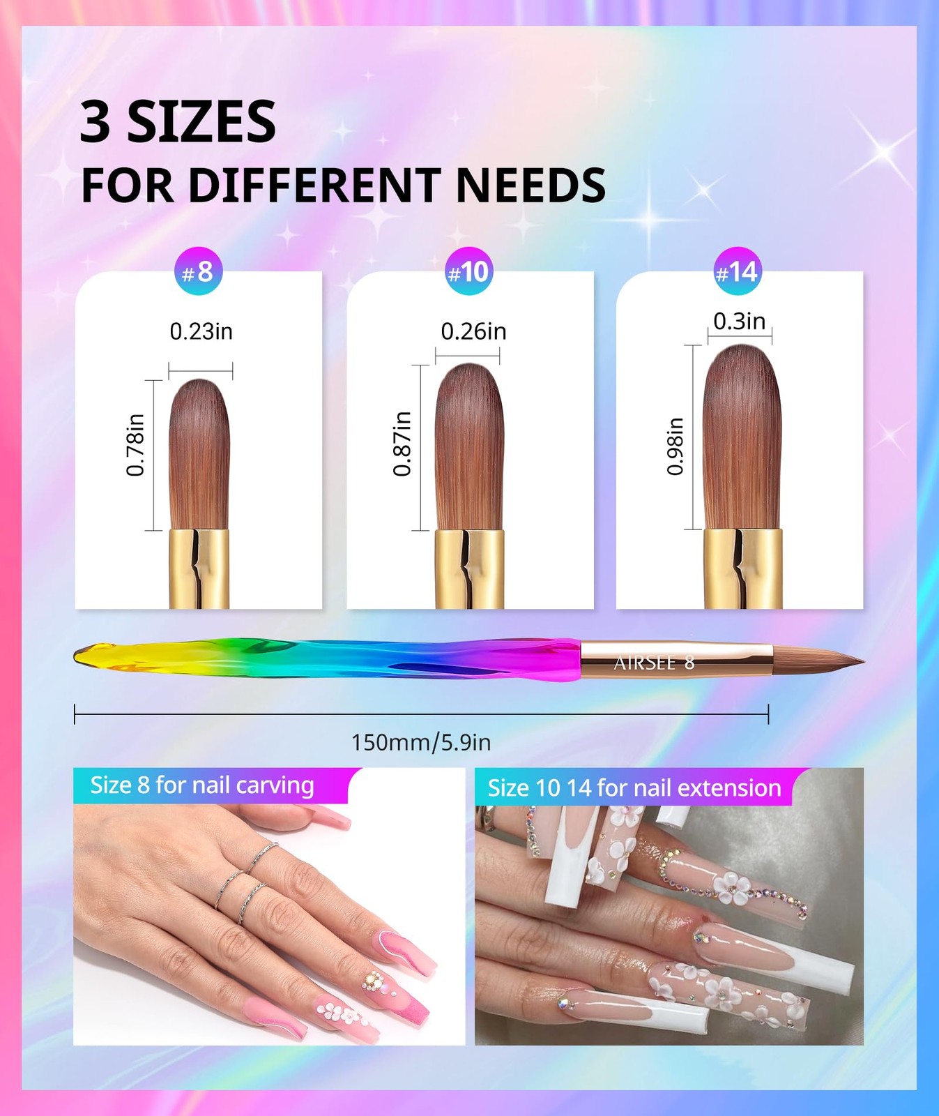 AIRSEE 3PCS Acrylic Nail Brush Set Size 8/10/14 Professional for Rainbow