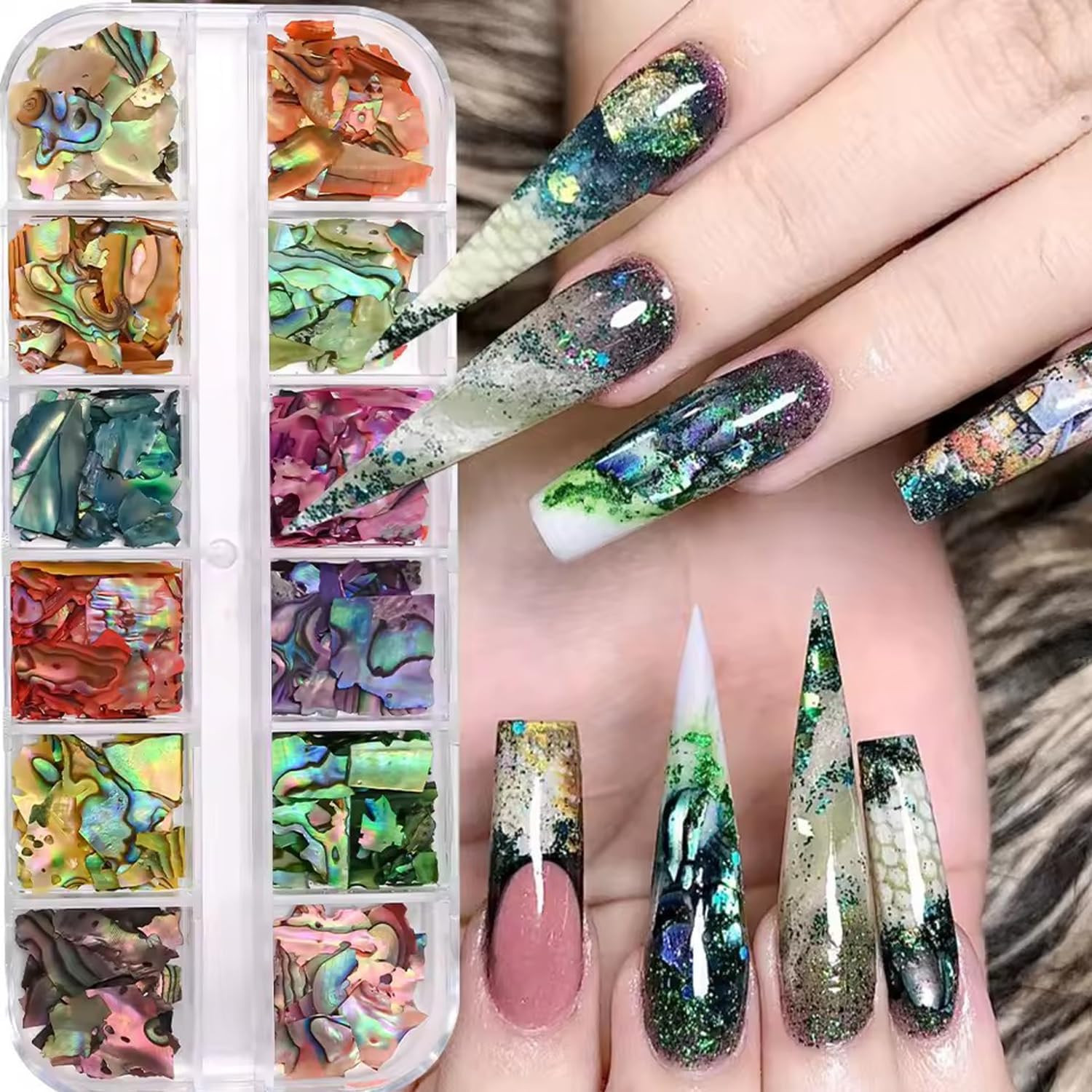 12Grids Nail Art Aurora Abalone Shell Flakes, Shiny Irregular Sea Shell 3D Charm