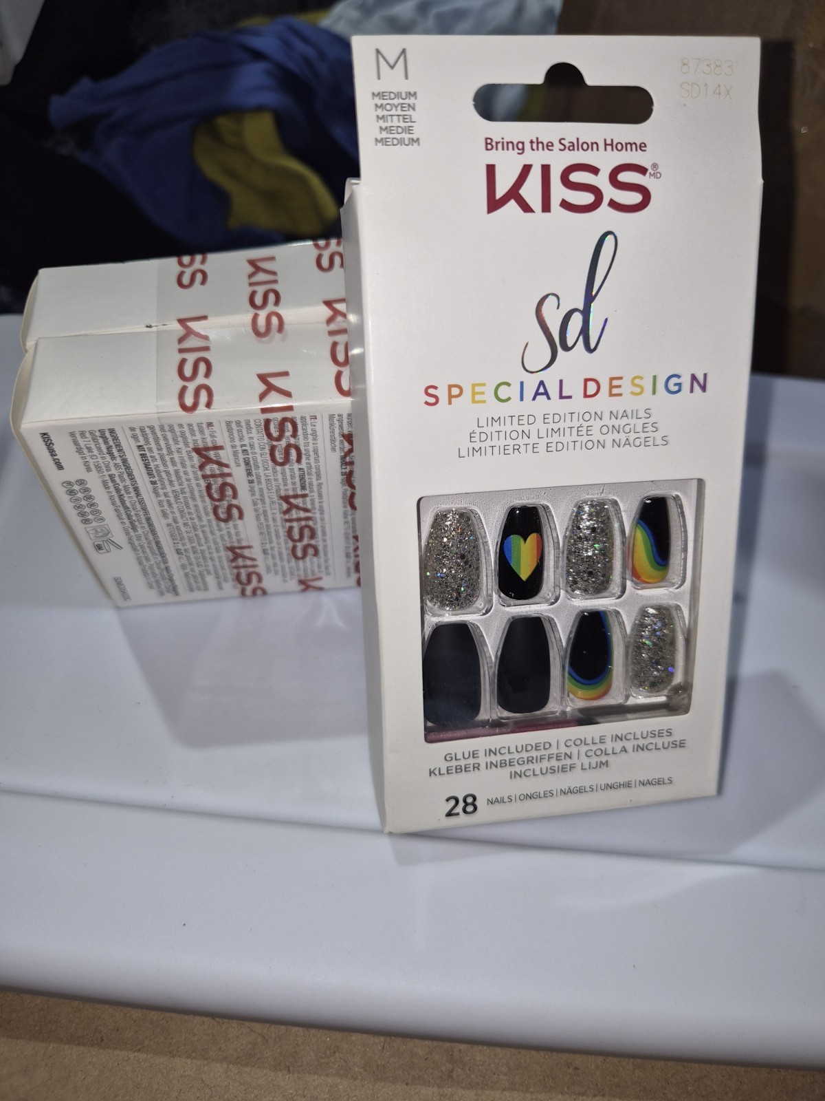 4 Boxes Kiss Special Design Glue-On Black Medium Length Rainbow Nails