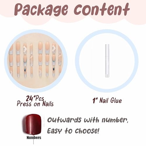 Blue French Tip Nails – Long Square Press on Nails – 3D Flower FNEB006