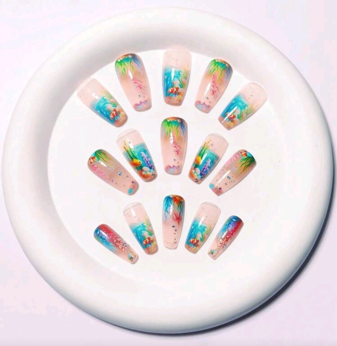 Press-On Nails Blue Clown Fish Medium/Long Coffin Shaped Squared Finish