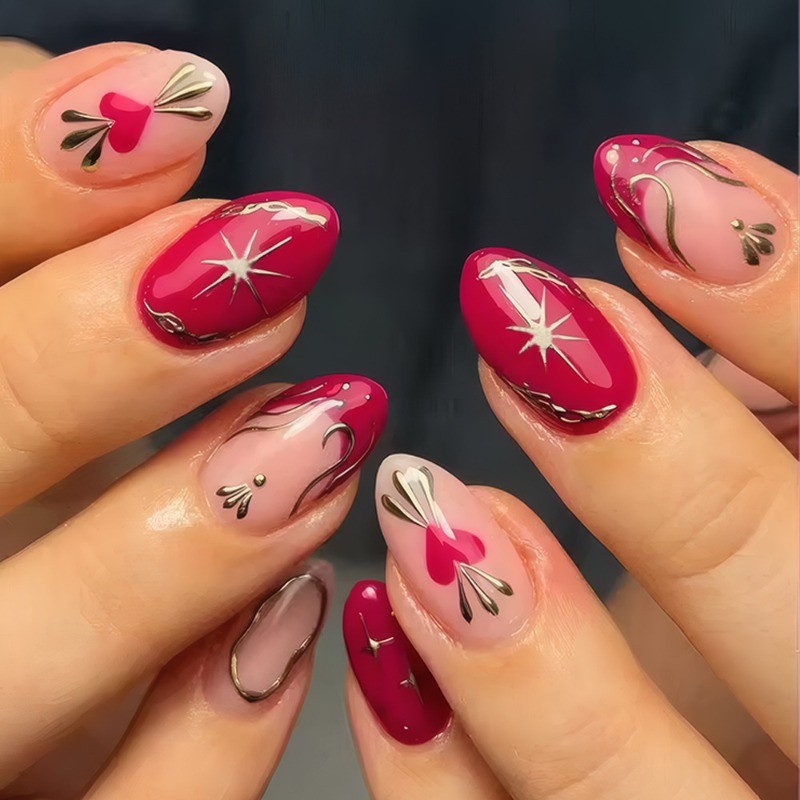 48 Pieces of Pink Metal Decoration Pressed in Nail Oval Gloss Fake Nail Art