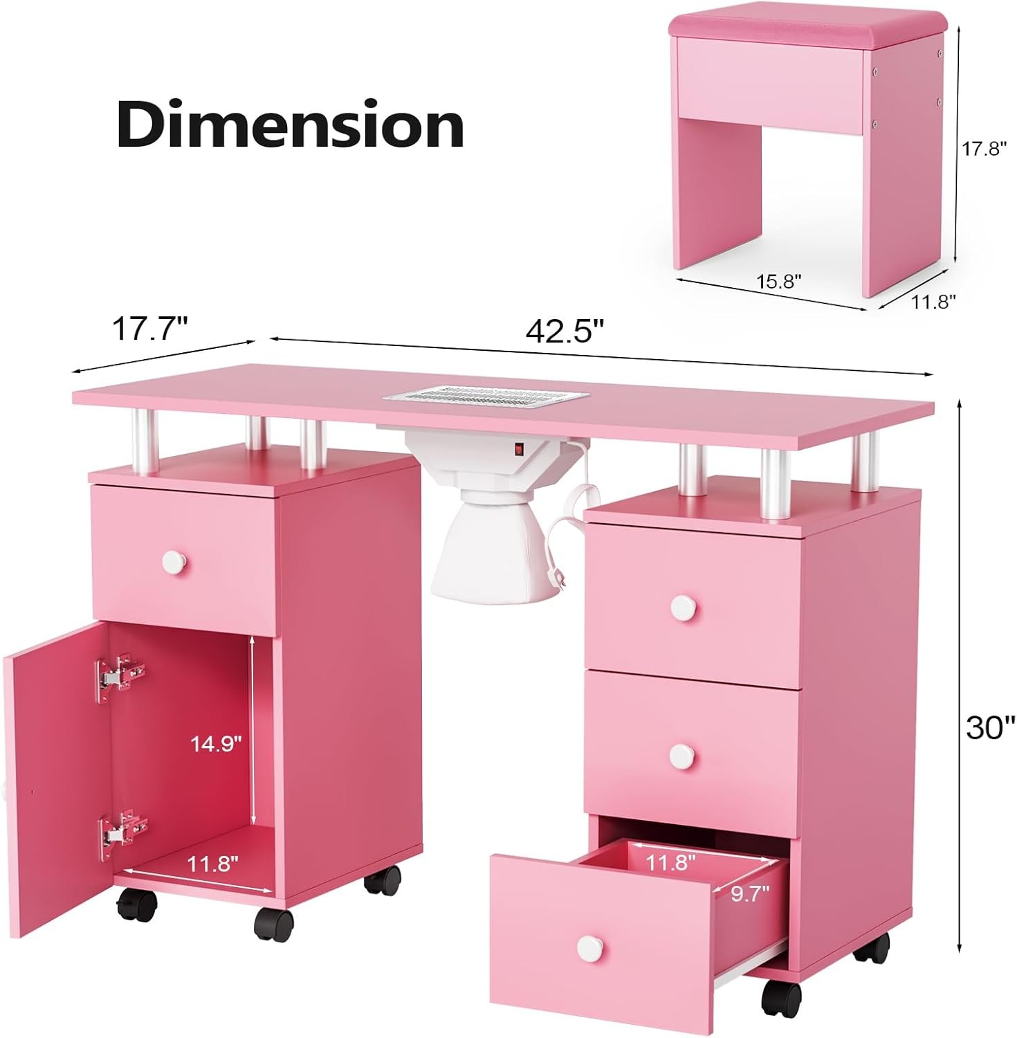 Nail Desk and Chair Set, Manicure Table with Stool, Dust Collector for Beauty