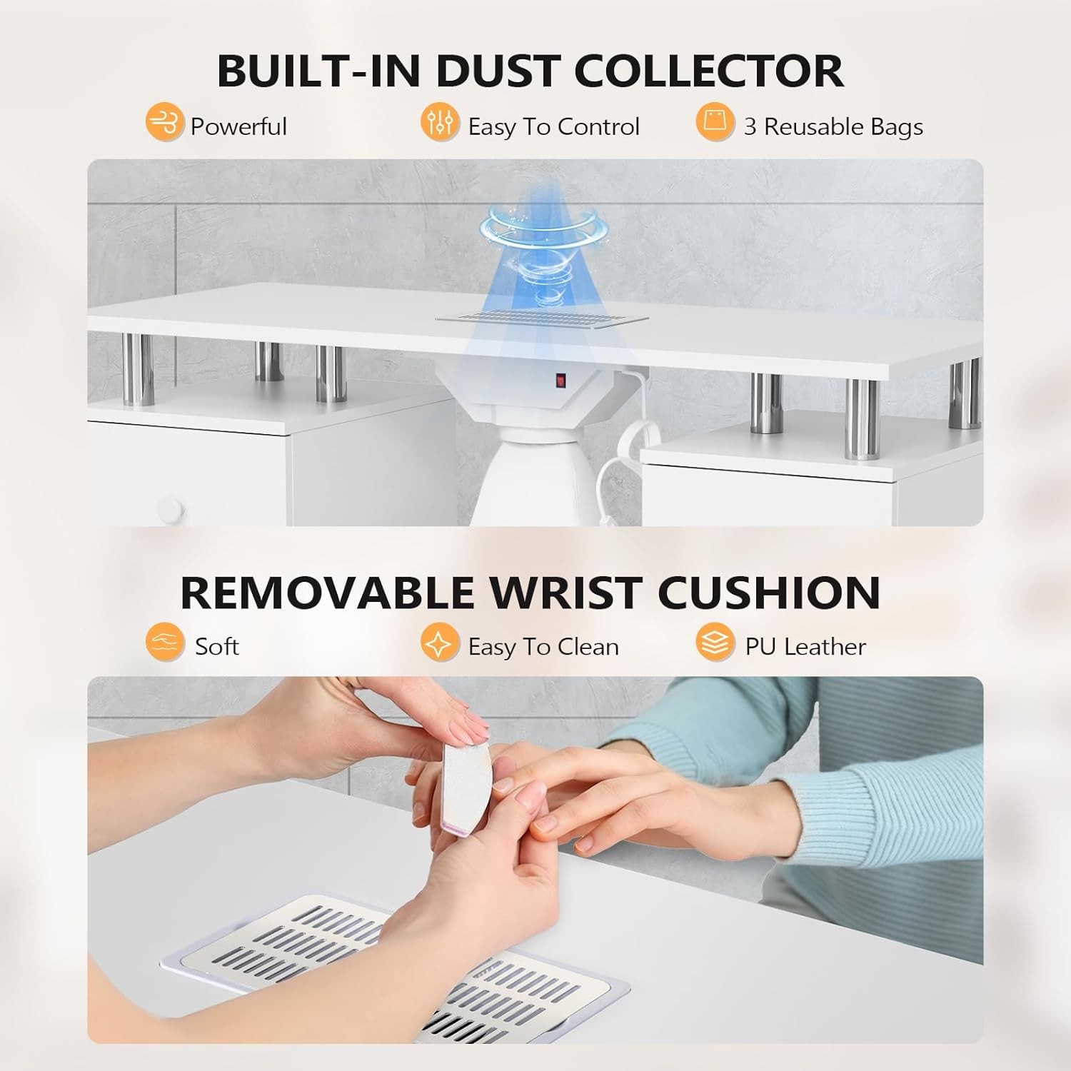 Nail Desk and Chair Set, Manicure Table with Stool, Dust Collector for Beauty