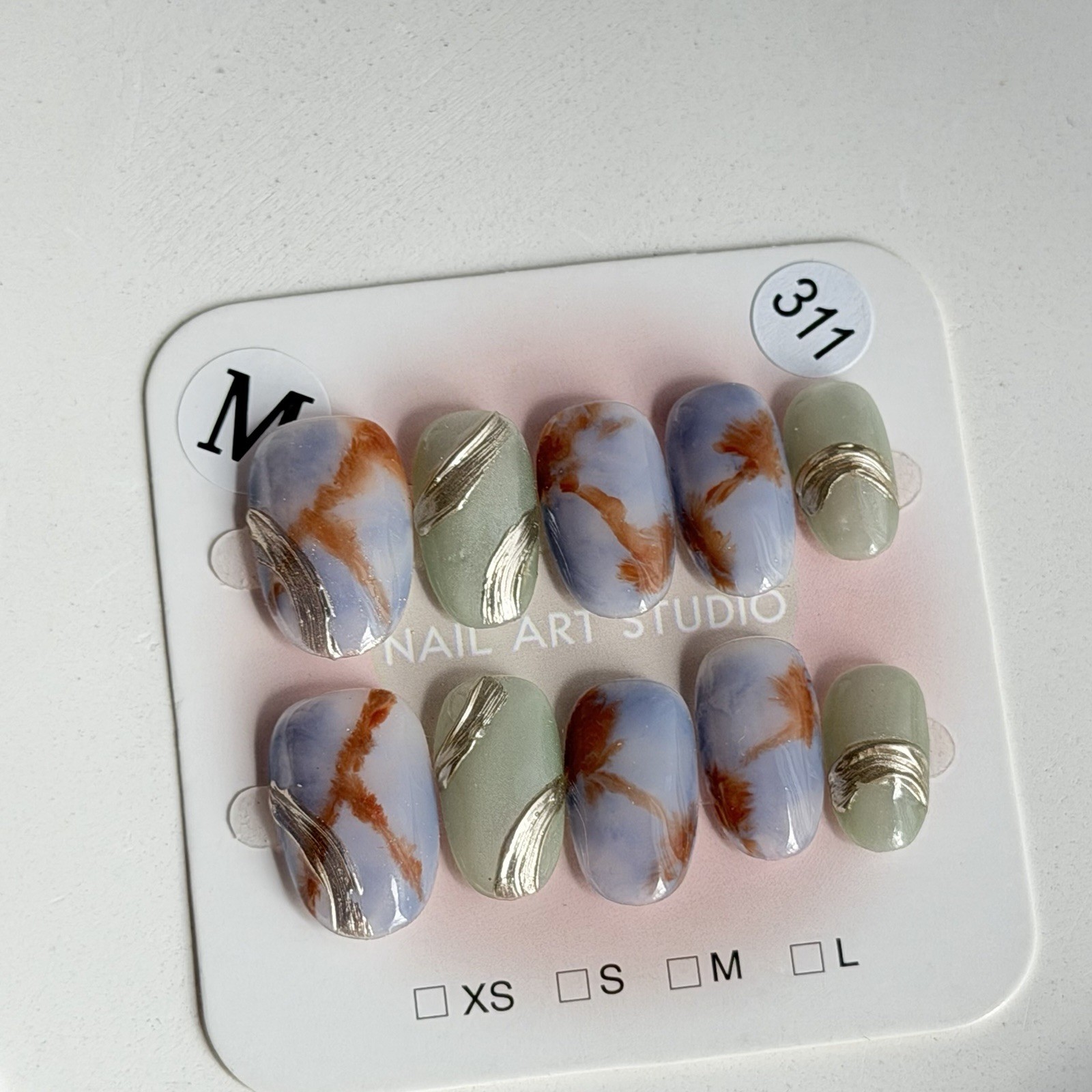 Handmade Blue Hand Painted Press-On Nails Short Oval SizeM Reusable