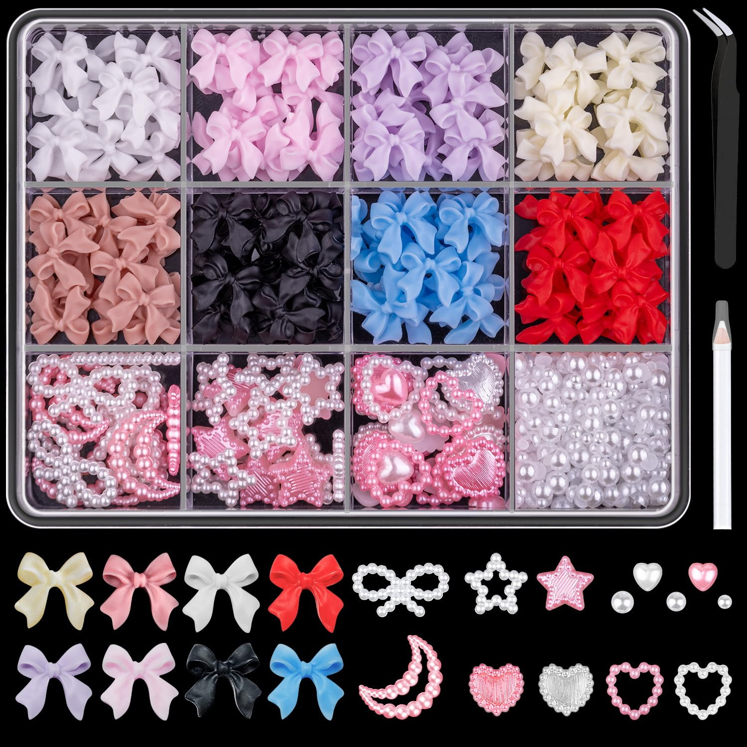 600 Pcs 3D Nail Charms and Flatback Pearls Set 1, 8 Colors Nail Bow Charms + Pin