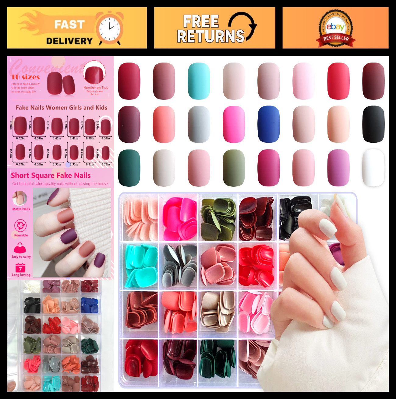576pcs Matte Press-On Nails – Full Cover Acrylic False Nail Tips for Women & Gir