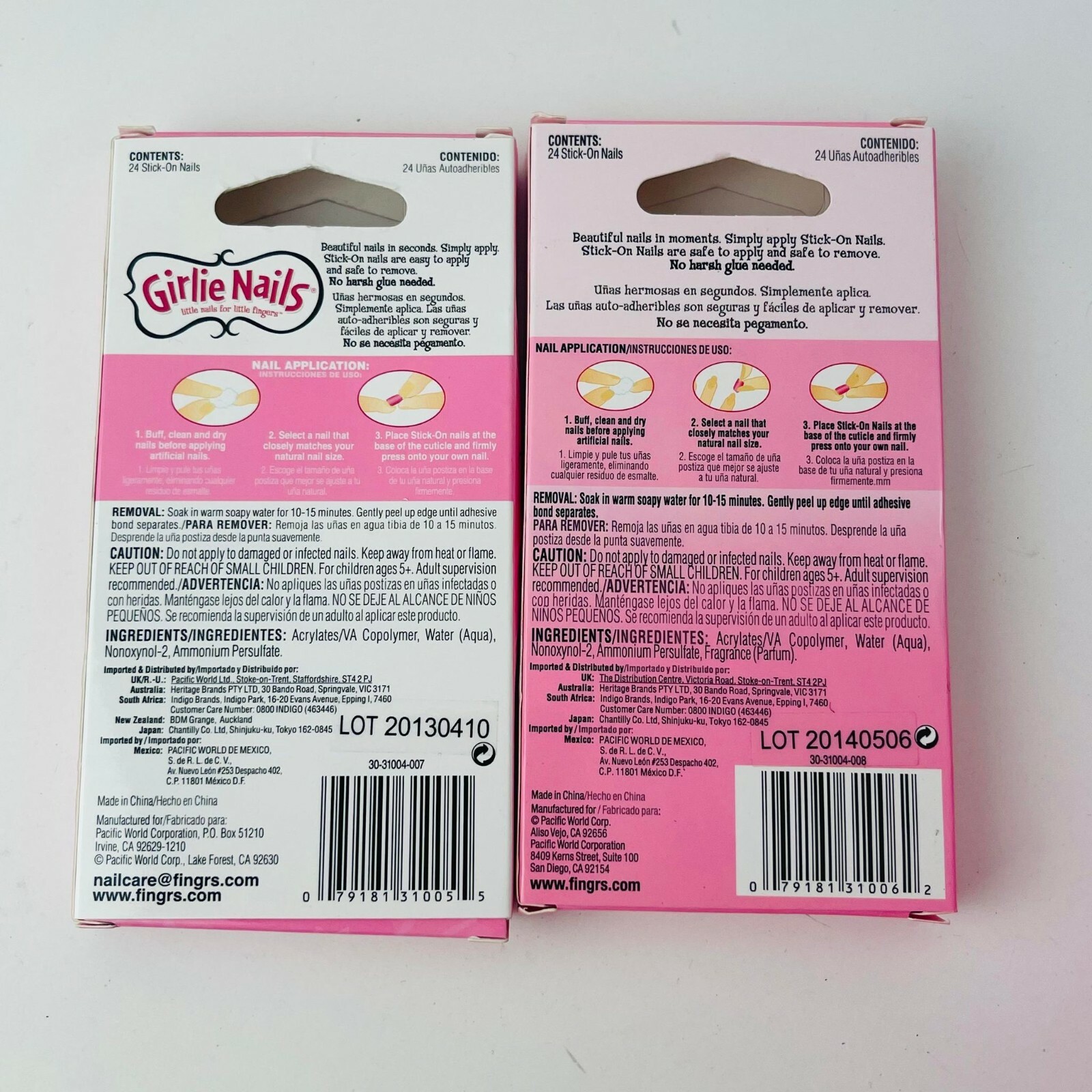 Lot of 2 Fing’rs Girlie Nails 24 Stick- On Nails For Ages 5+ Combo 31005 & 31006