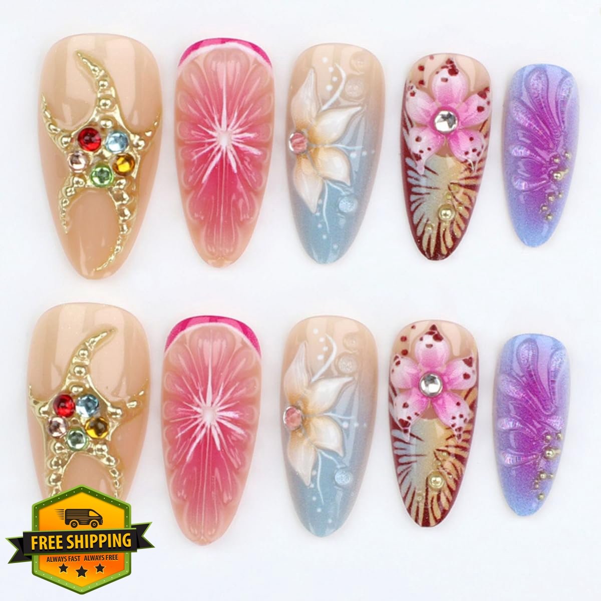 OSTTMA Tropical Floral Almond Press on Nails