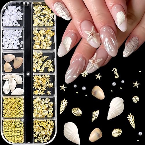 12 Grids Summer Nail Charms 3D Steel Studs Metal Art Charms Pearls white