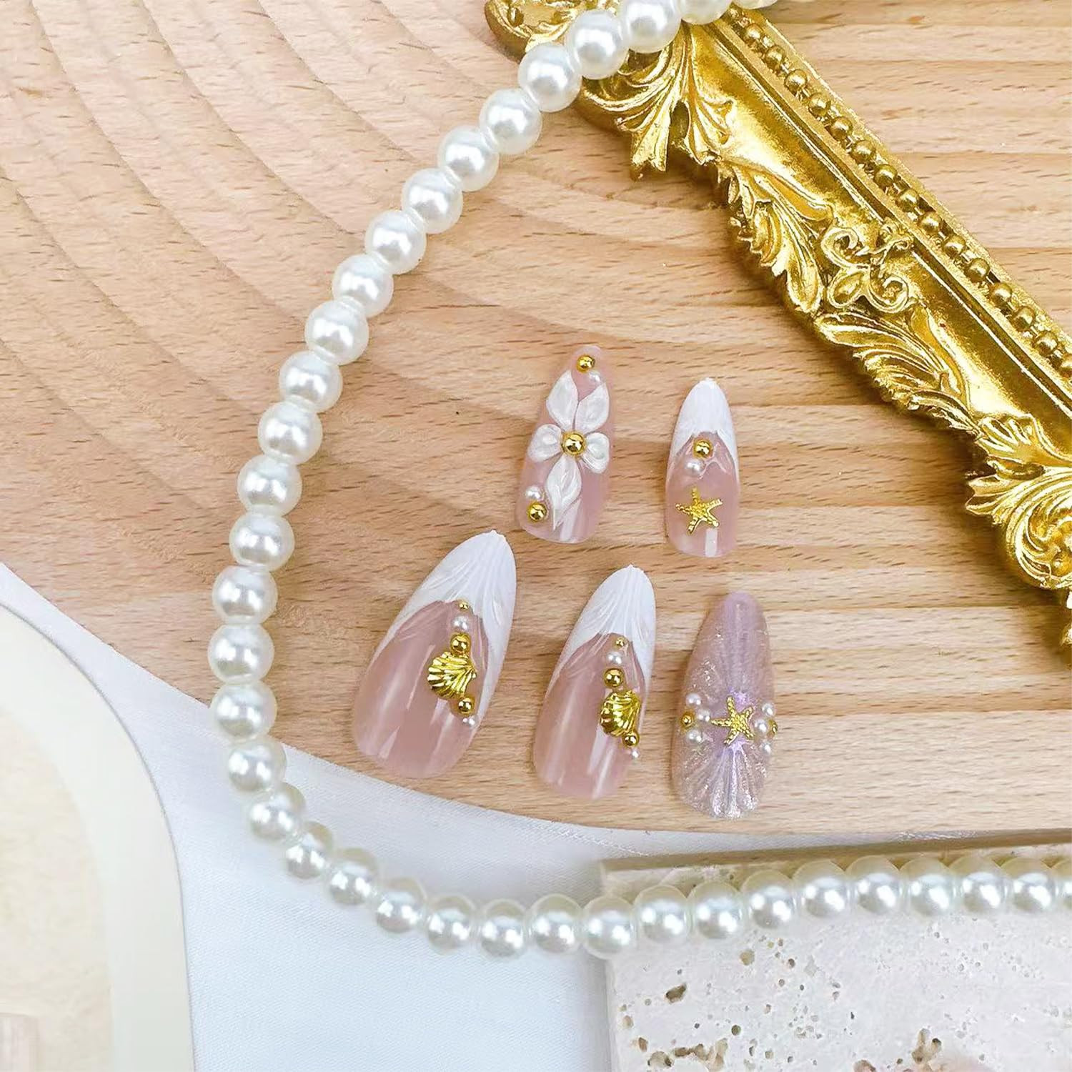 24Pcs White French Tip Press on Nails Medium Almond Fake Nails with 3D Floral Go
