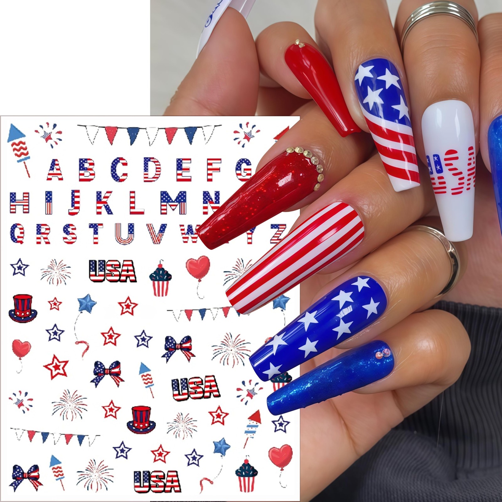 8 Sheets 4th of July Nail Stickers for Art About 3.7 x 3 inch, Colorful
