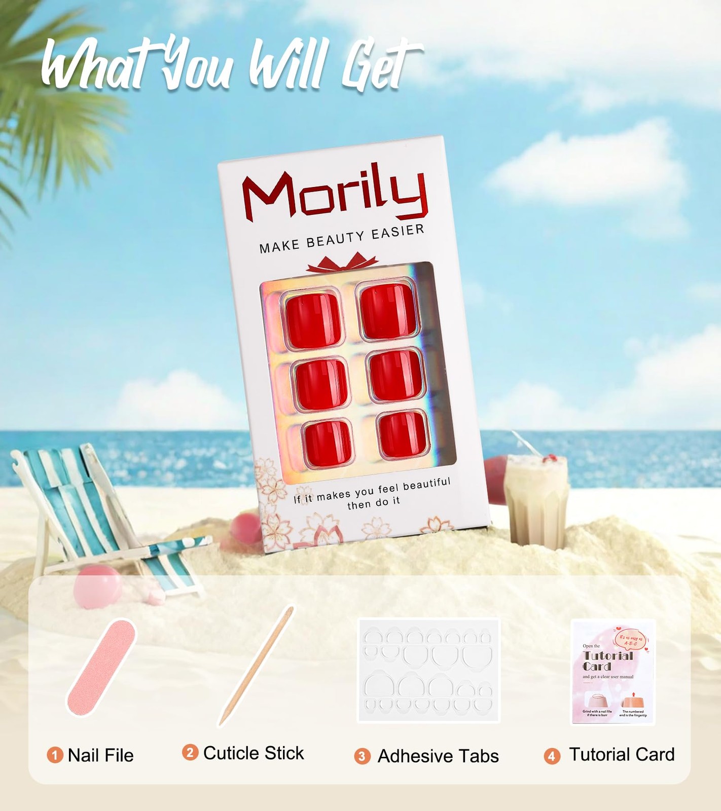 Morily Red Press on Toenails Short Square, Glossy Fake Toe Nails Summer False…