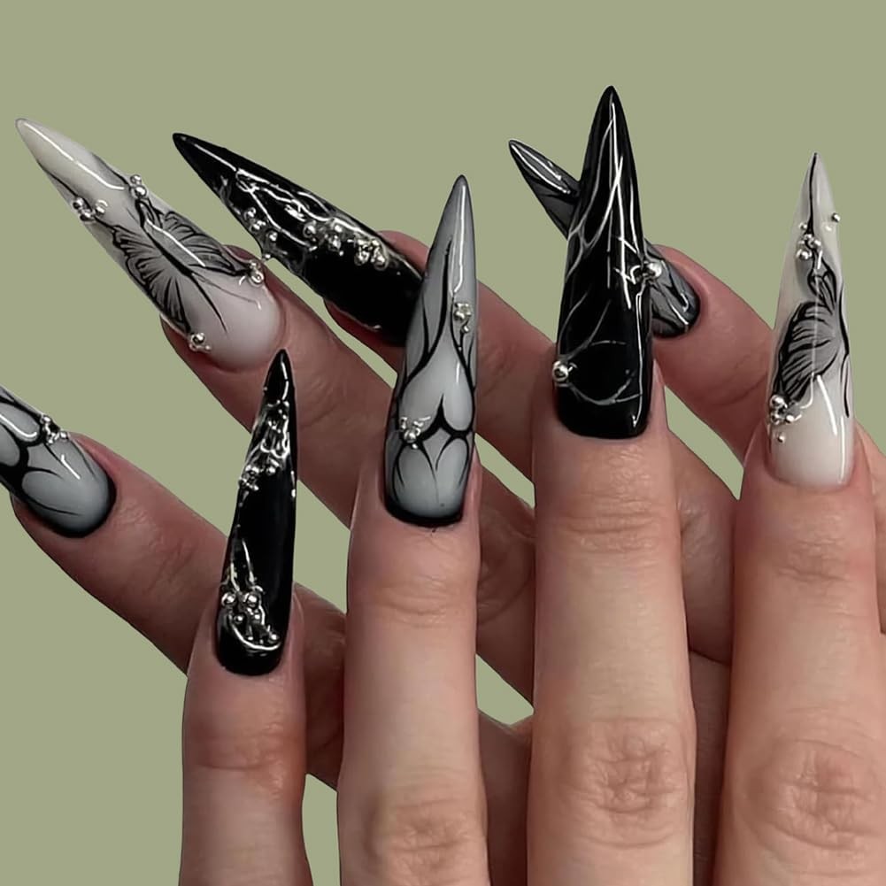 24PCS Long Press on Nails Almond Shaped Goth Black White Full Cover Artificial F