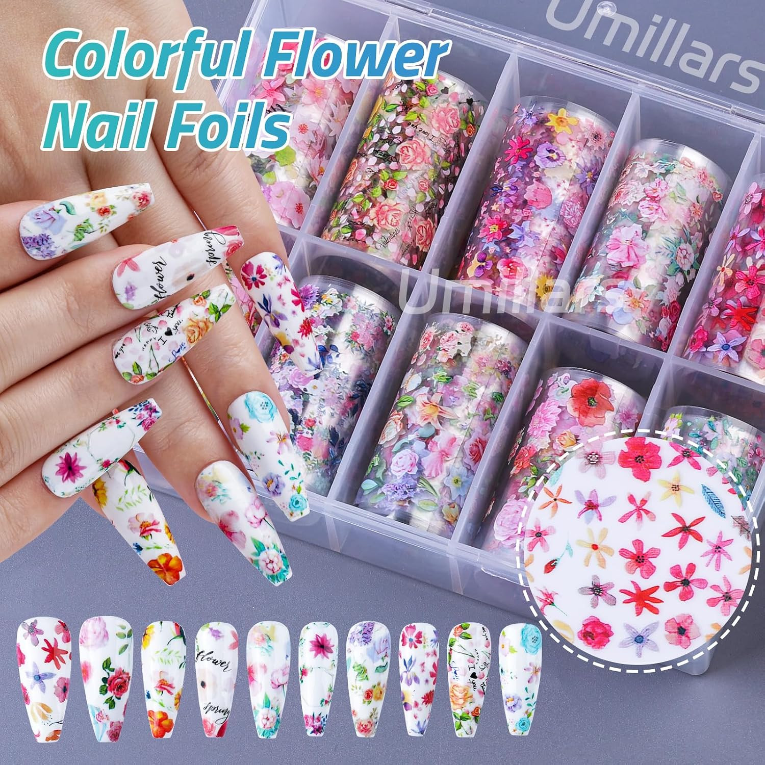 Flower Nail Foil Transfer Stickers, 10 Rolls Holographic Rose Camellia Floral Sp