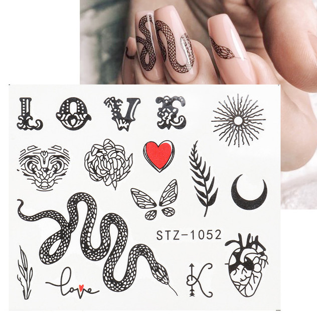 16 Sheets Nail Art Stickers Waterproof Decal Love Words Letters Heart Snake NS8