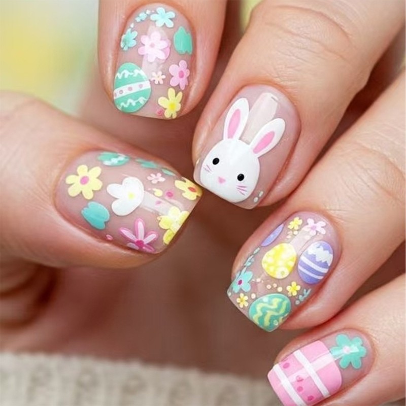Adorable Rabbit Egg Printed Artificial Nail Short Square Shape Easy To Wear