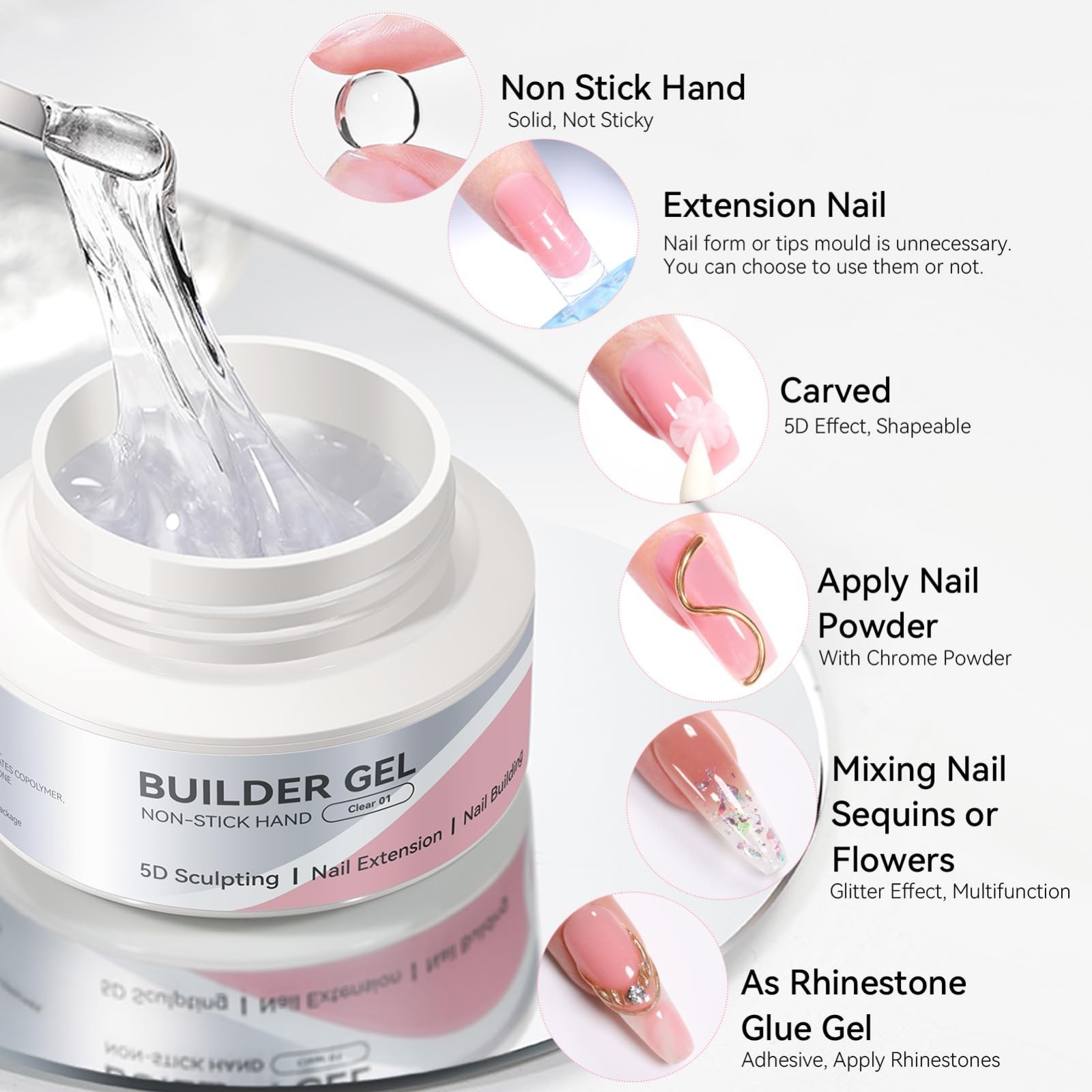 3D Sculpting Builder Gel for Nails – Clear & White Hard Gel for Nail Art, Extens