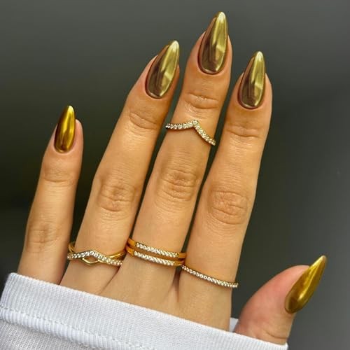 Chrome Gold Press on Nails Medium Almond, Mirror Metal Stiletto almond gold