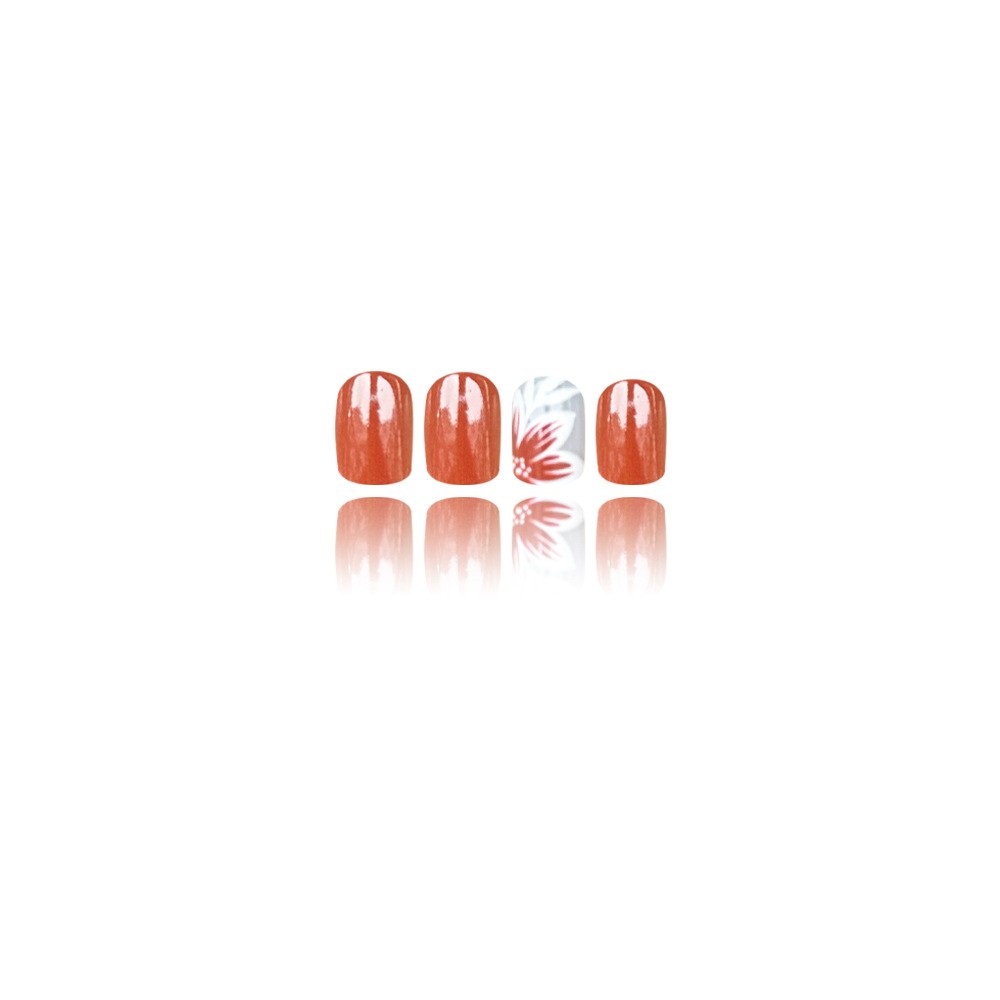 48pcs-Burnt Orange Press on Nails, Short Round Hand-Painted Flower False Nails
