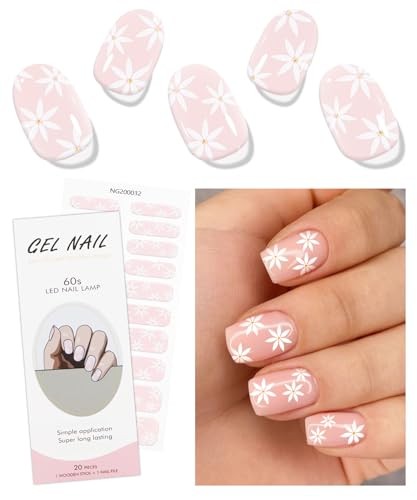 Gel Nail Stickers Cream Pink White Flower Semi Cured Gel Nail Strips Wraps
