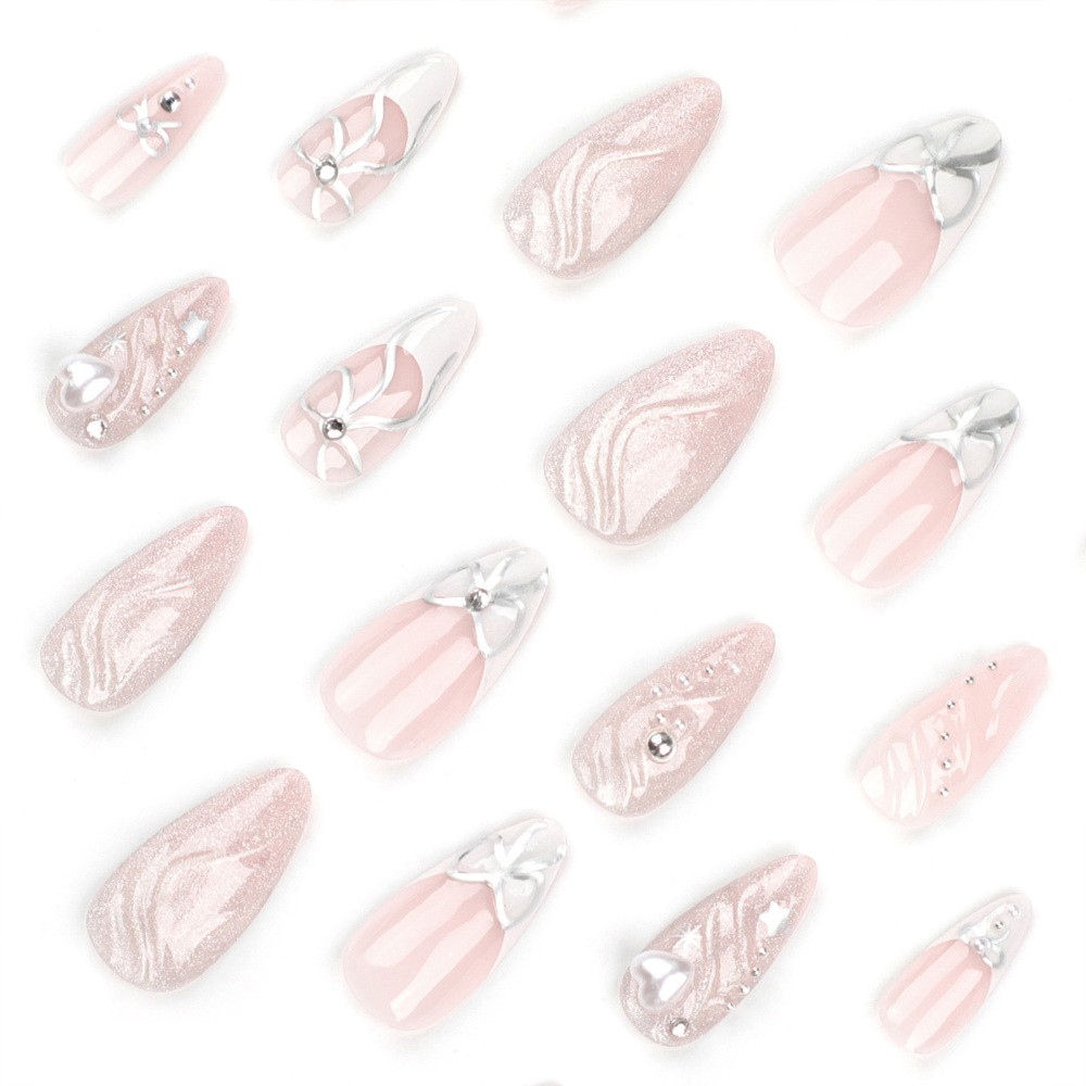 3D Press On Nails Self Adhesive Almond Shape with Heart Bow French Tip Design