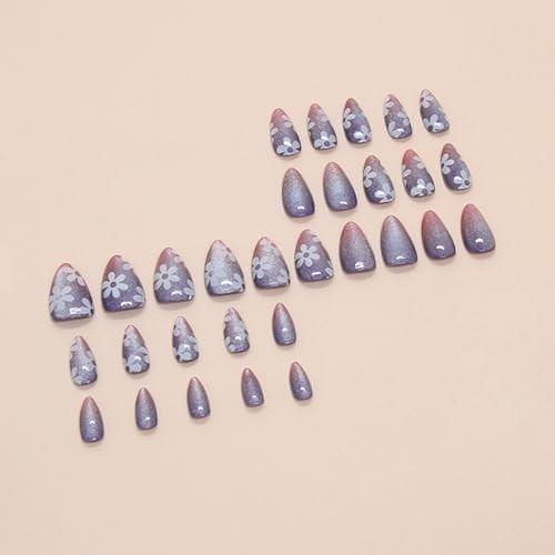 Gradient Cat Eye Press on Nails – Flower Acrylic Fake Sparkly Ombre Stick