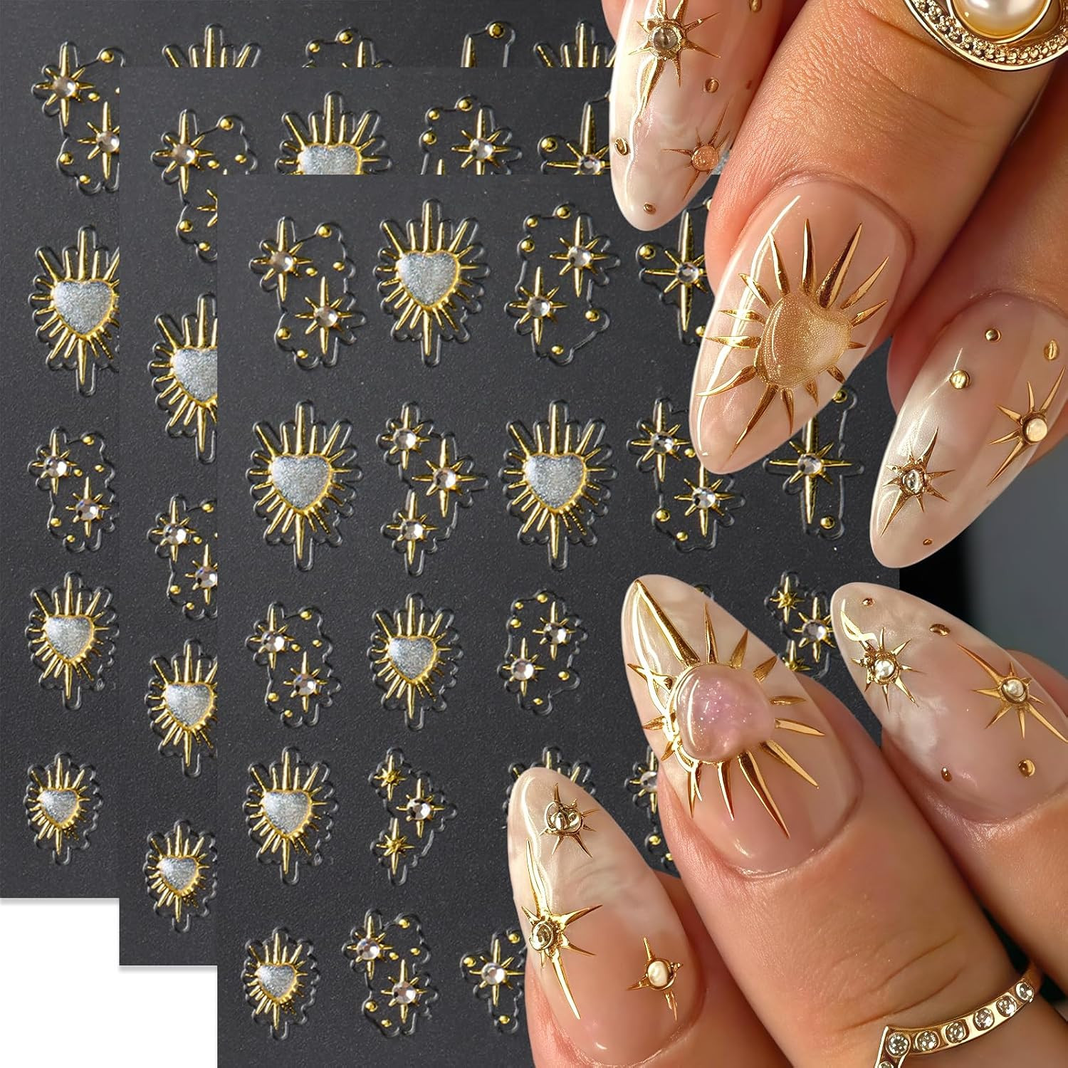3 Sheets Star Nail Stickers for Nail Art 5D Embossed Gold Nail Decals with Heart