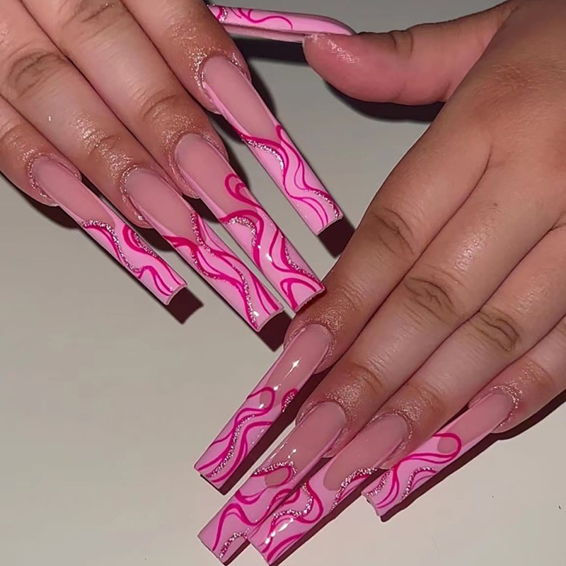 48Pcs-Long Coffin Nude Hot Pink Swirl Silver Glitter Line Glossy Press on Nails