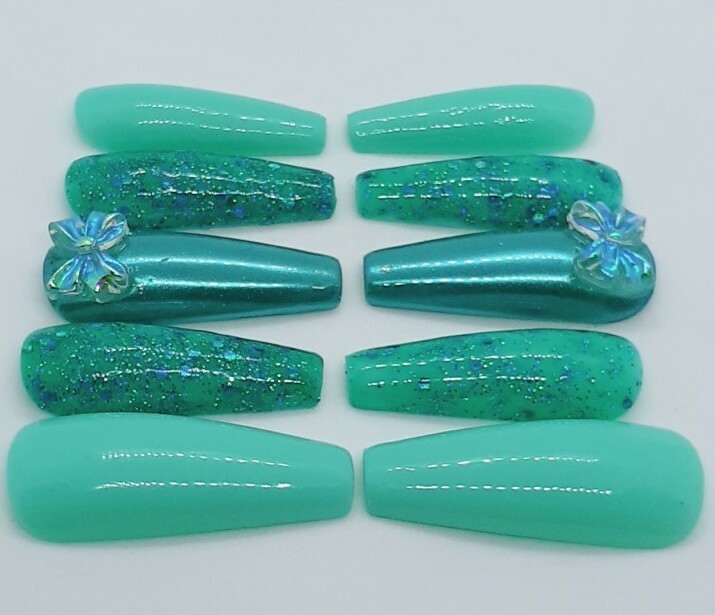 Turquoise Teal Blue Nails Kawaii Bow Glitter Nails-Clearance
