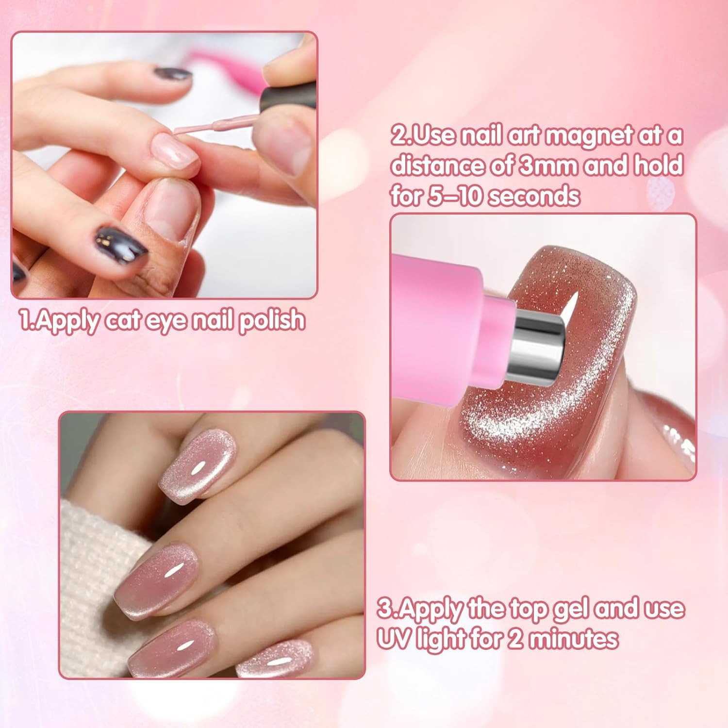 4Pcs Cat Eye Nail Magnet Kit, 3-In-1 Magnet for Gel Polish with Dual-Ended Pen &