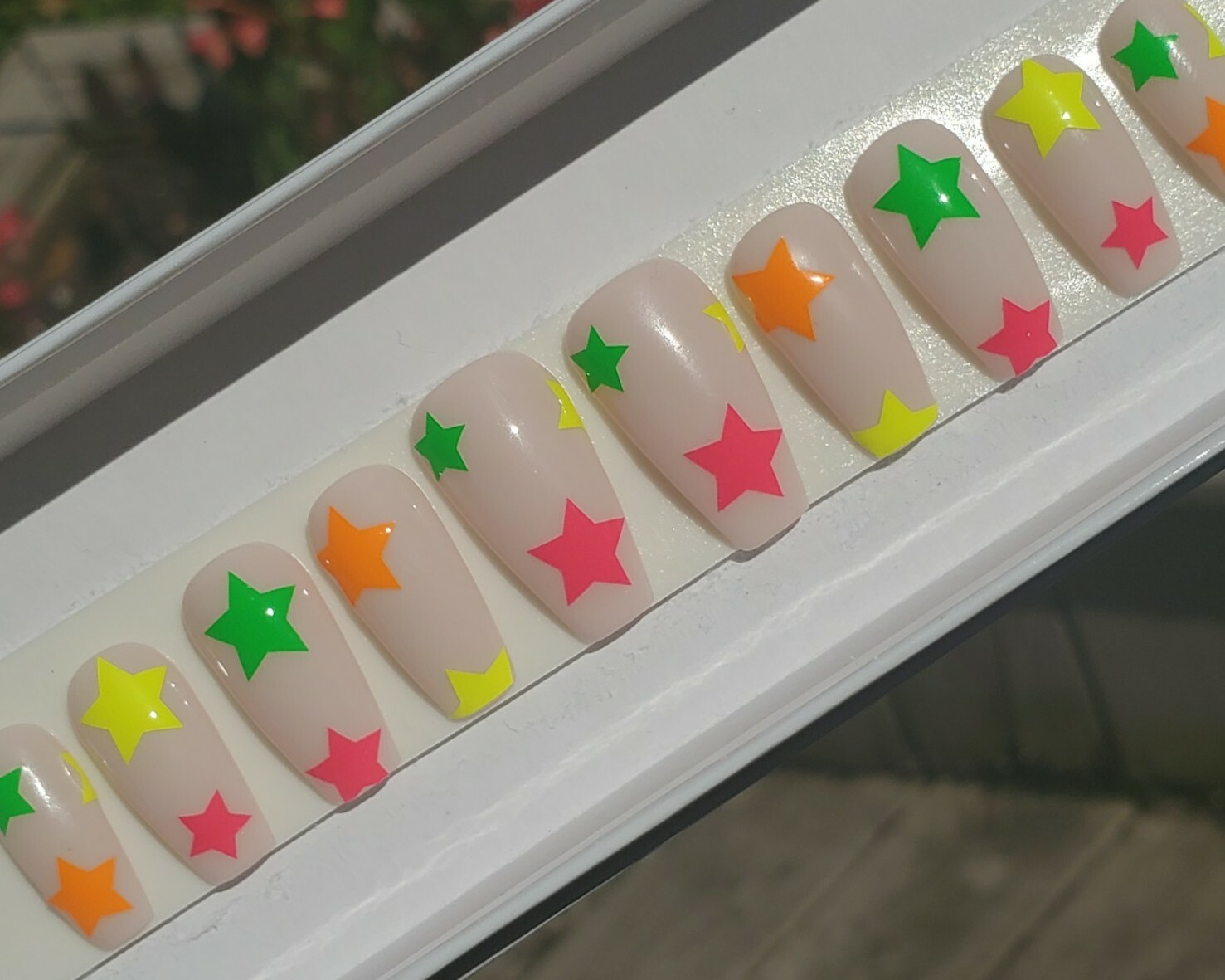 Nude & Neon star nails pink yellow orange green press on nails short coffin