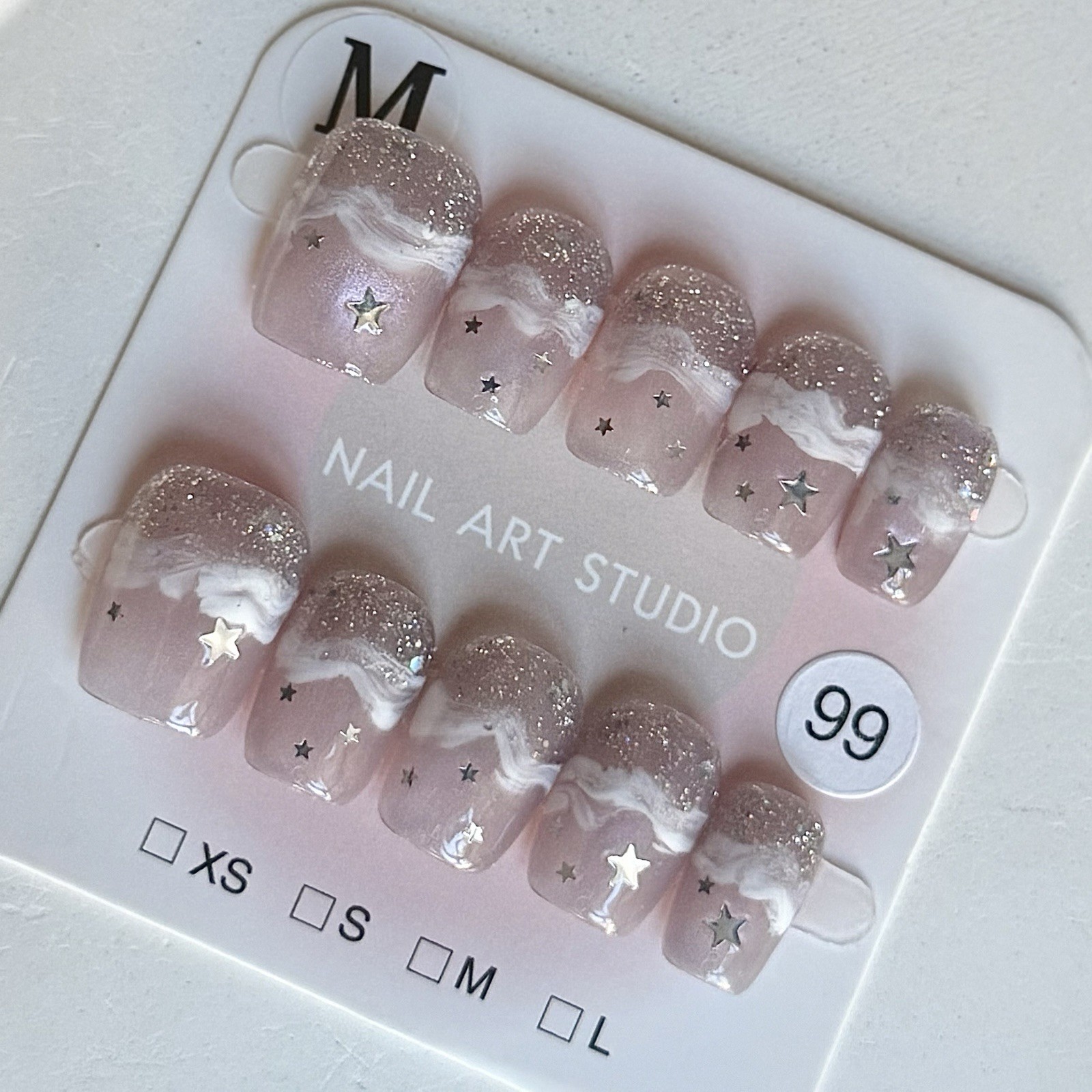 Handmade Pink White Ombre Press-On Nails Short Square Size M Reusable Fake Nails