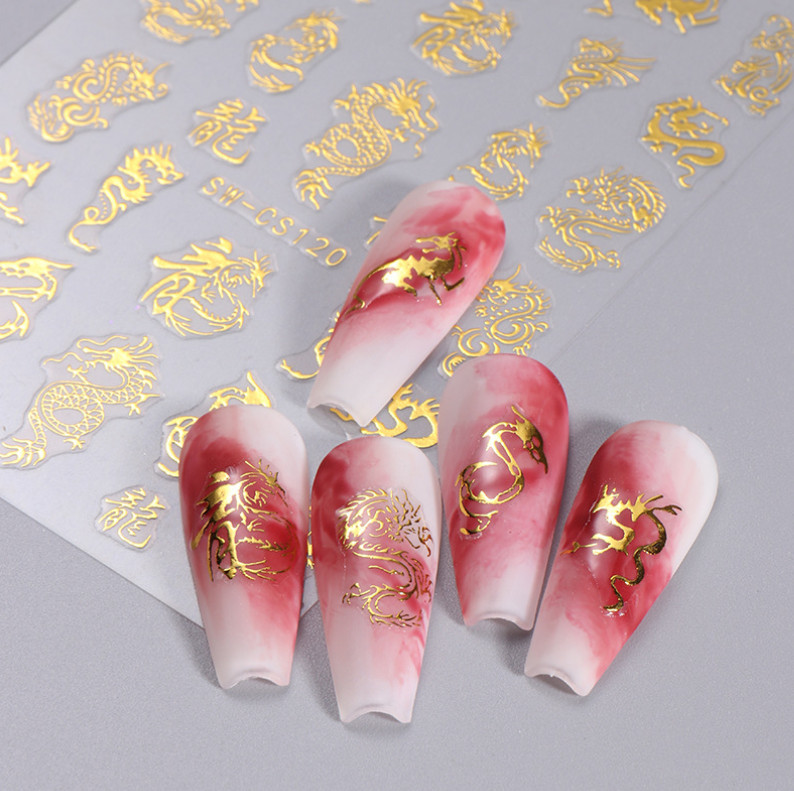 2Pcs Nail Art Stickers Decals Gold Silver Dragon Animal Self-Adhesive Slider NS7