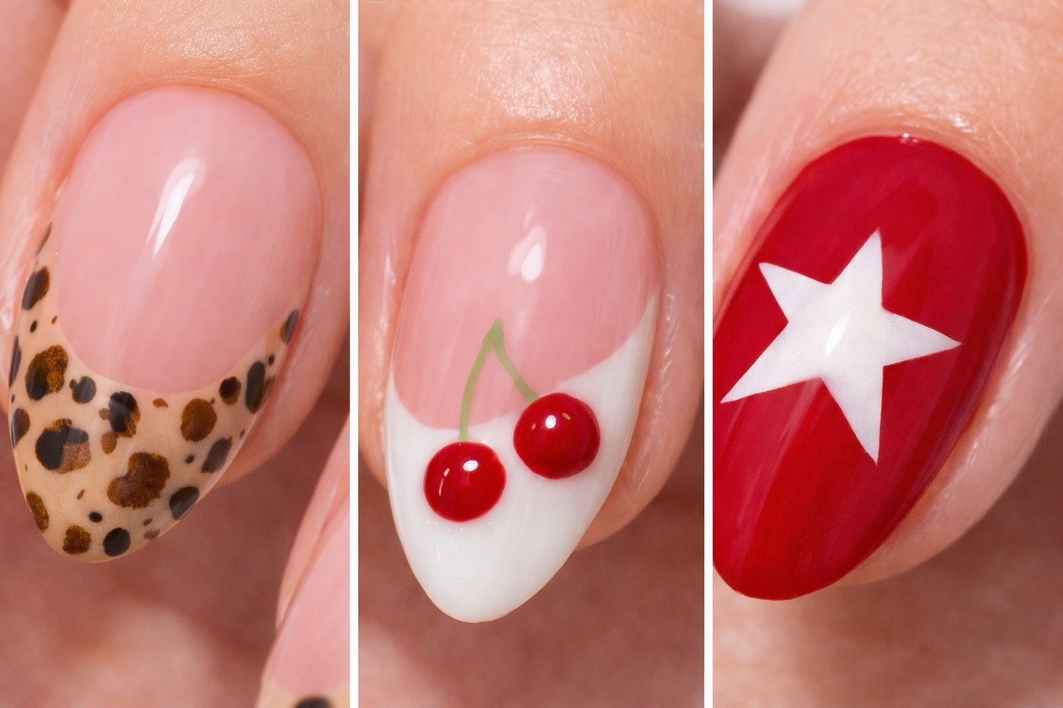 Red Nude White Press On Nails Medium Almond | Heart Leopard Design | Handmade
