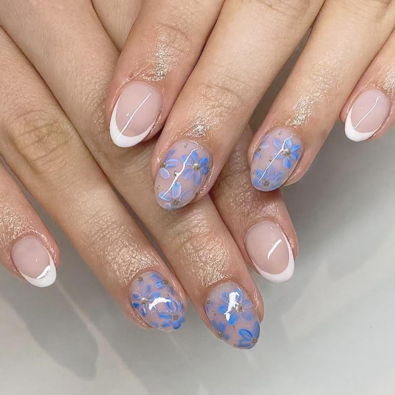 Fall Blue Flower Press on nails Short Almond Fake Nails for