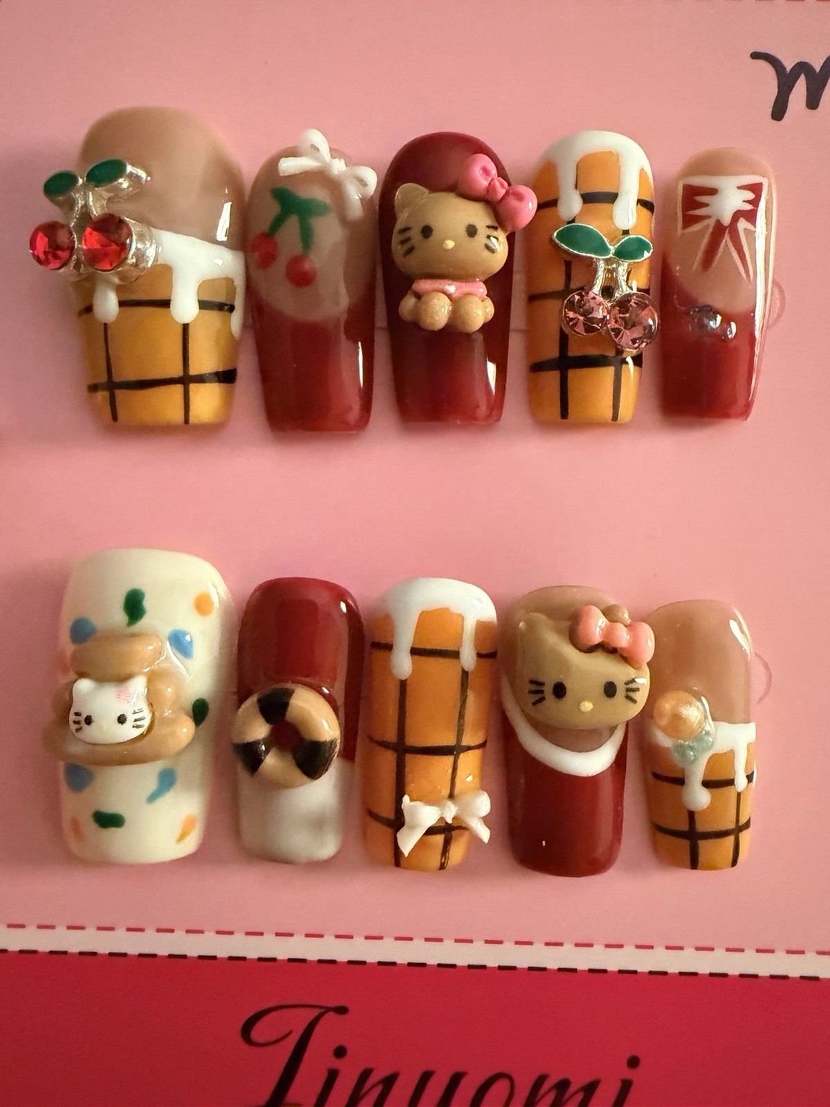 Press-On Nails Full Cover Red Beige White 3D Hello Kitty Pre-Designed Set