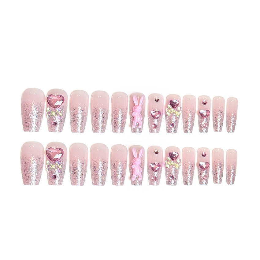 24pcs Pink Press On Nails Long Coffin French Tip Acrylic Fake Nails Heart Bunny