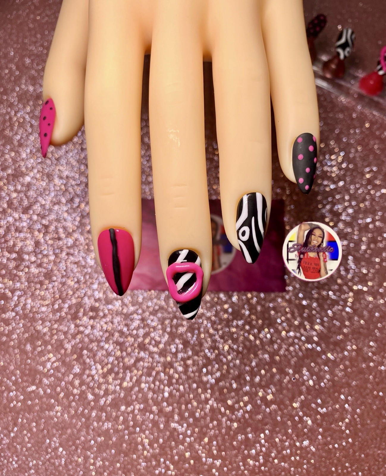 Press-On Nails Short Almond Shape, Almond-shaped Poky Dots. Bright hot pink.